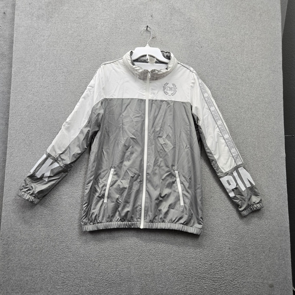 PINK Victoria's Secret Women Jacket M Gray Colorblock Windbreaker Logo Full Zip
